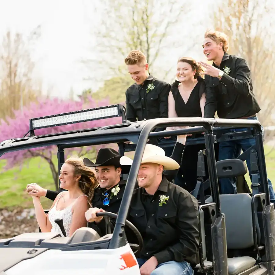 Paul's Paradise - bride and groom with wedding party enjoying Paul's Paradise Tree Farm Tour - Pleasant Plains, IL