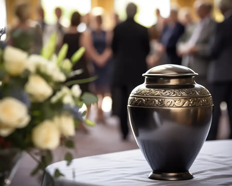 Celebration of Life event concept, people gathered to remember a loved one, flowers on a table next to funeral urn - Pleasant Plains, IL