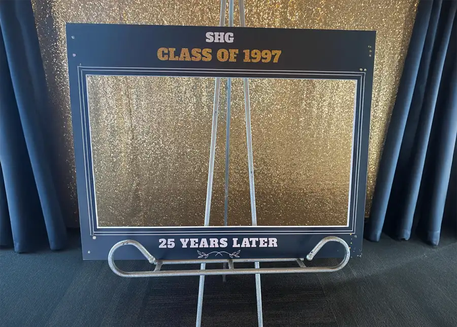 Paul's Paradise - photo booth set up with golden backdrop, class reunion (class of 1997) held in the reception hall - Pleasant Plains, IL