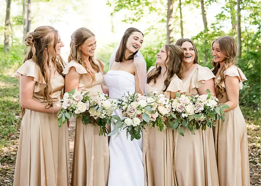 Paul's Paradise - Bride with her bridesmaids posing under beautiful canopy of trees - Pleasant Plains, IL